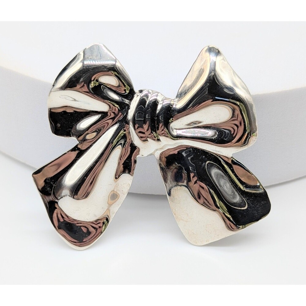 Large Silver Tone Metal Bow Brooch Pin 2.75"